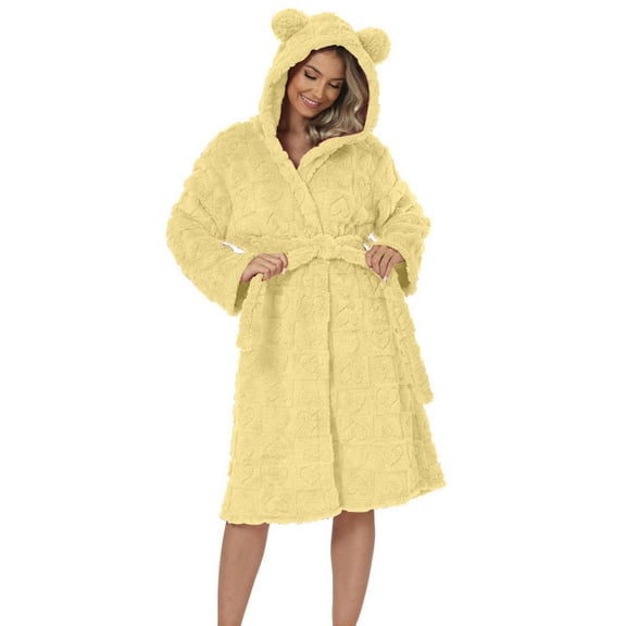 UQJfacai Robes for Women Fuzzy Fleece Heart Graphic Hooded Bath Robe Sherpa Soft Knee Length Belted Bathrobe Ladies Sleepwear S-XL