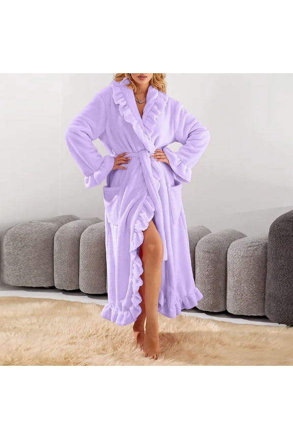 Robes for Women Fuzzy Fleece Ruffle Ankle Length Bathrobes Collared Long Sleeve Spa Robes Soft Cozy Plush Sleepwear with Pockets S-XL