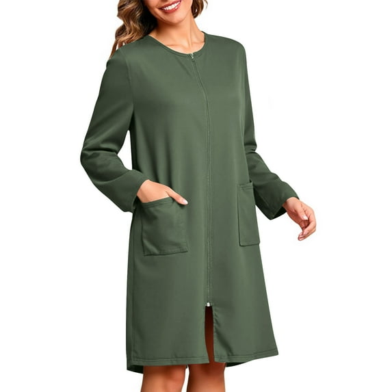 UQJfacai Robes for Women Zipper Front House Coat Lightweight Long Sleeves Bathrobe Soft Comfy Loose Knee Length Sleep Dress S-XXL