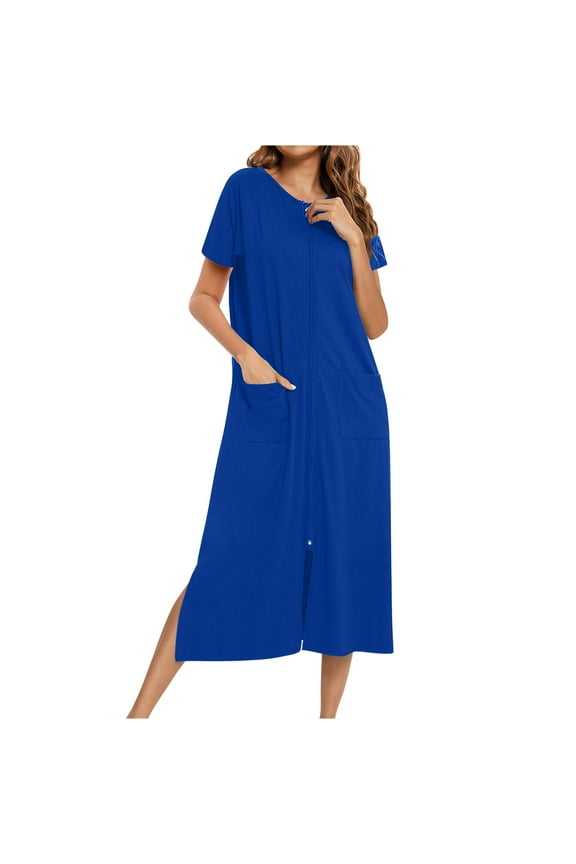 Robes for Women Zipper Front Short Sleeve House Coat Zip Up Full Length Bathrobes Lightweight Soft Comfy Nightgown with Pockets