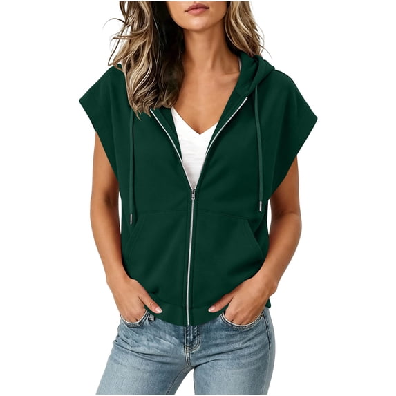 UQJfacai Short Sleeve Hoodies For Women Full Zip Up Drawstring Fleece Sweatshirt With Pocket Fall Fashion Basic jacket