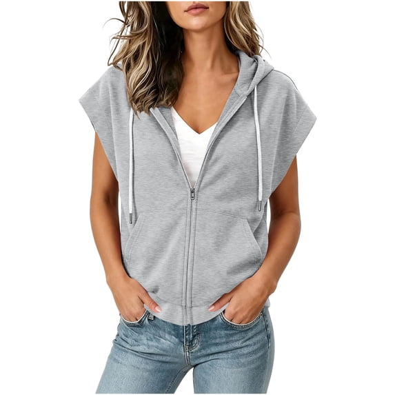 UQJfacai Short Sleeve Hoodies For Women Full Zip Up Drawstring Fleece Sweatshirt With Pocket Fall Fashion Basic jacket
