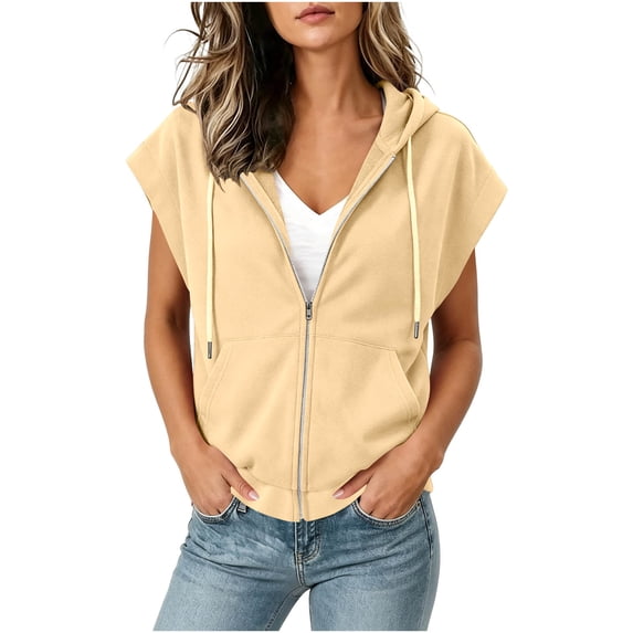 UQJfacai Short Sleeve Hoodies For Women Full Zip Up Drawstring Fleece Sweatshirt With Pocket Fall Fashion Basic jacket