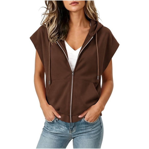 UQJfacai Short Sleeve Hoodies For Women Full Zip Up Drawstring Fleece Sweatshirt With Pocket Fall Fashion Basic jacket