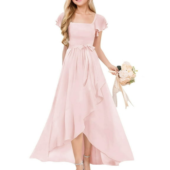 UQJfacai Short Sleeves Junior Bridesmaid Dresses for Teen Girls Chiffon Flower Girl Dress for Wedding Party Formal Evening Pageant Gowns Ruffle Maxi Dress 5-13 Years