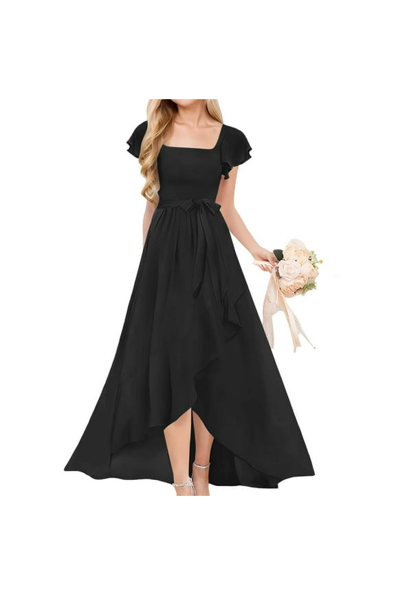 Short Sleeves Junior Bridesmaid Dresses for Teen Girls Chiffon Flower Girl Dress for Wedding Party Formal Evening Pageant Gowns Ruffle Maxi Dress 5-13 Years