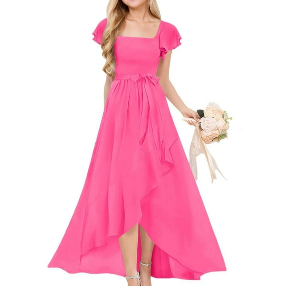 UQJfacai Short Sleeves Junior Bridesmaid Dresses for Teen Girls Chiffon Flower Girl Dress for Wedding Party Formal Evening Pageant Gowns Ruffle Maxi Dress 5-13 Years