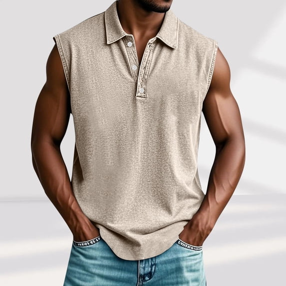 UQJfacai Sleeveless Shirts for Men Distressed Washed Tank Tops Henley Lapel Button V Neck Shirt Vintage Solid Tee Tops with Pocket M-3XL