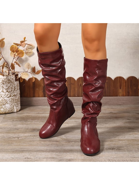 Slouchy Faux Leather Tall Boots For Women Knee High Round Tow Flat Boot Winter Trendy Pull On Booties Wine 5.5
