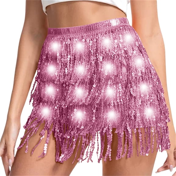 UQJfacai Sparkly Sequin Fringe Skirt Light Up Tassel Shorts Belly Dance Skirts Rave Festival Outfits for Women