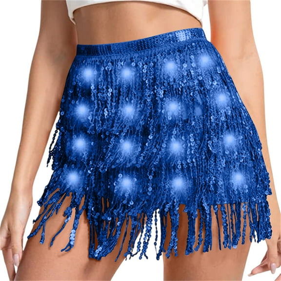 UQJfacai Sparkly Sequin Fringe Skirt Light Up Tassel Shorts Belly Dance Skirts Rave Festival Outfits for Women