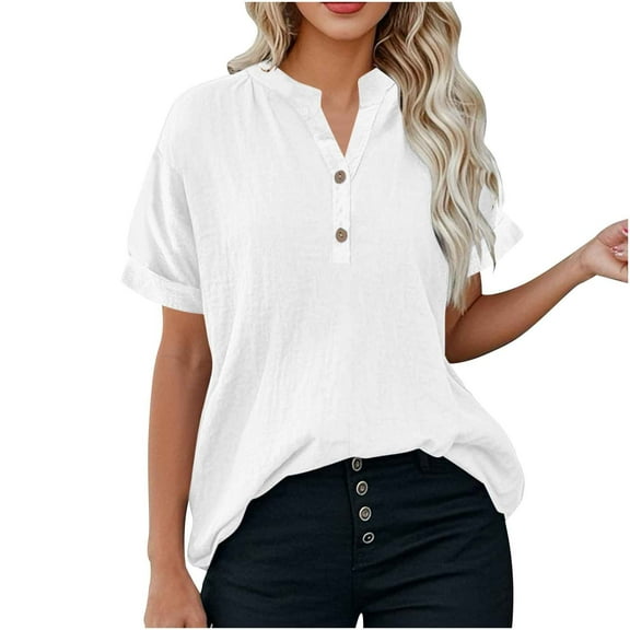 UQJfacai Summer Tops for Women Plus Size Short Sleeve Cotton Linen Shirt Casual Loose Fit Button V-Neck Tunic Blouses S-5XL