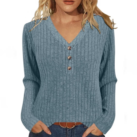 UQJfacai Sweaters for Women Ribbed Knit Long Sleeve Tunic Tops Fall Clothes V Neck Button Down Winter Shirts