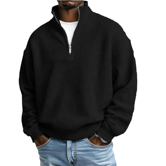 UQJfacai Sweatshirts for Men Quarter Zip Pullover Waffle Knit Oversized Long Sleeve Shirts Loose Stand Collar Casual Tops S-2XL