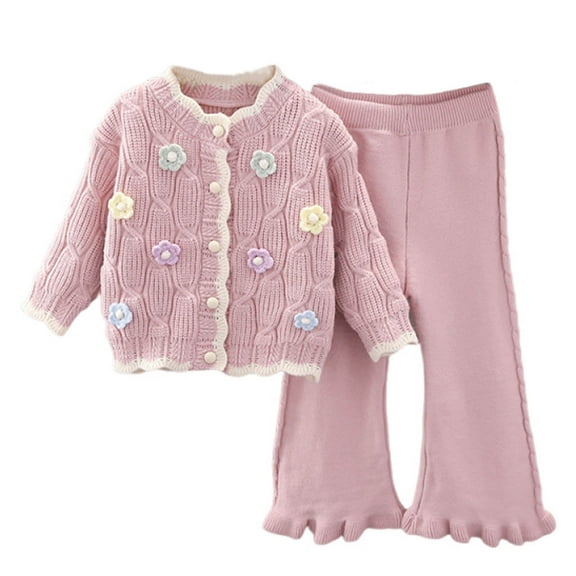 UQJfacai Toddler Baby Girl Clothes 2 Piece Cute Floral Long Sleeve Button Down Knit Cardigan Sweater Flare Wide Leg Pants Set Fall Winter Outfits 1-8 Years