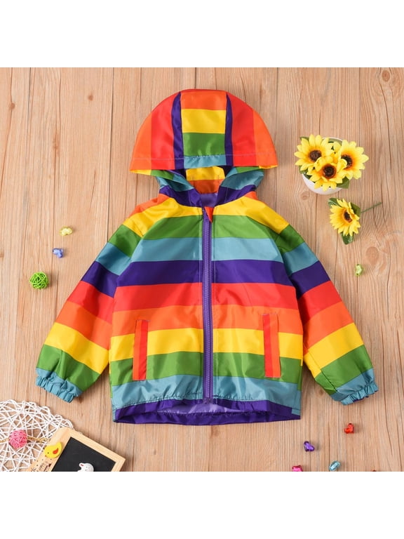 Toddler Fall Jackets Girls Boys Lightweight Rainbow Windbreaker outerwear Kids Long Sleeve Zipper Hooded Coats with Pockets 2-6 Years