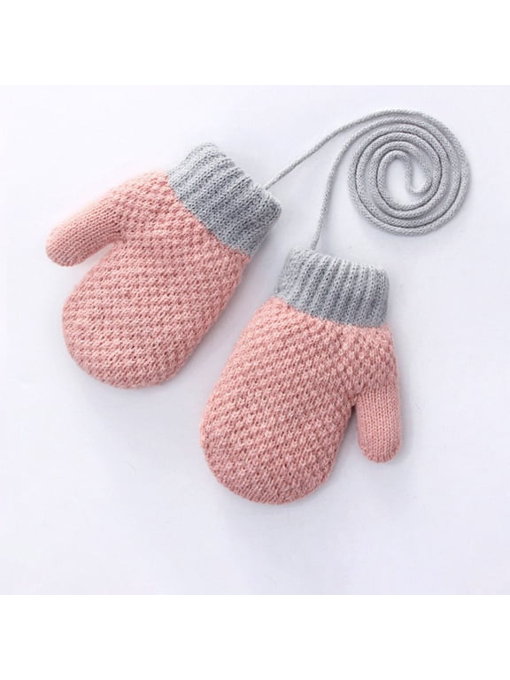 Toddler Kids Mittens with String Fleece Lined Winter Warm Knitted Snow Gloves Cold Weather Soft Baby Gloves 1-3 Years