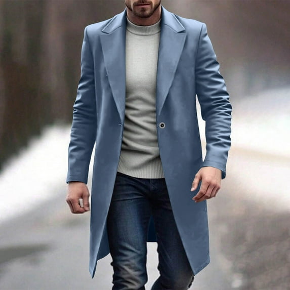 UQJfacai Trench Coat Men Long Wool Blend Pea Coat Fall Winter Single Breasted Notch Lapel Collar Business Casual Overcoat with Pockets