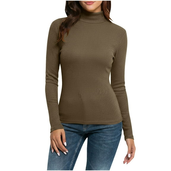 UQJfacai Turtleneck Tops for Women Ribbed Knitted Long Sleeve Shirts Fall Fashion Basic Tee Strech Slim Fit Winter Clothes S-2XL
