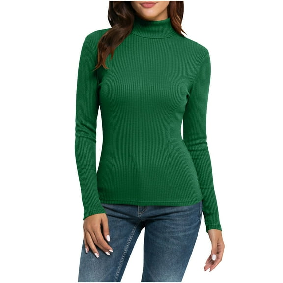 UQJfacai Turtleneck Tops for Women Ribbed Knitted Long Sleeve Shirts Fall Fashion Basic Tee Strech Slim Fit Winter Clothes S-2XL