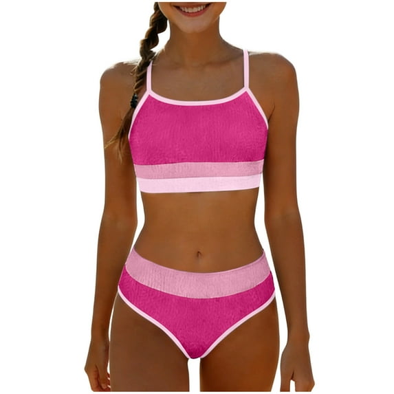 UQJfacai Tween Girls Bikini Sets Sporty Color Block Two Piece Adjustable Straps Swimsuits with Chest Pad Swimwear 5-16 Years