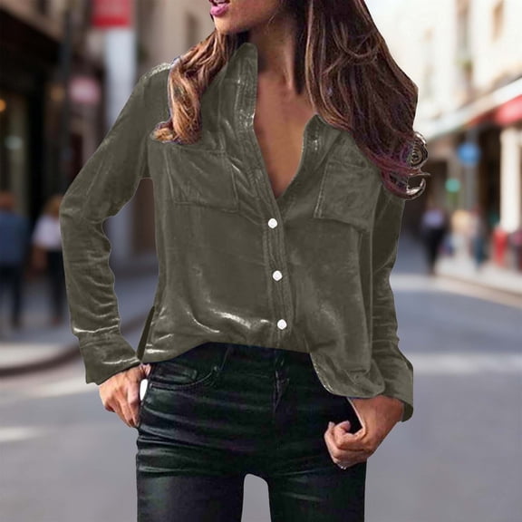 UQJfacai Velvet Tops for Women Long Sleeve Button Down Shirts Side Split Collared V-Neck Dressy Casual Shcket Jacket with Pockets