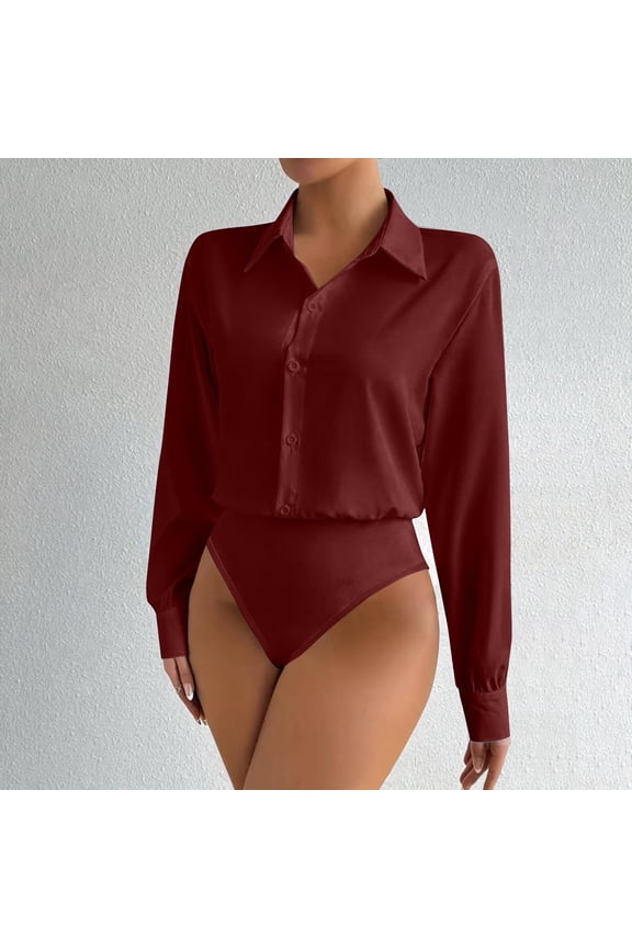 Women Button Down Bodysuit Long Sleeve Collared V Neck Shirt Office Work Body Suit Tops Business Casual Blouse S-2XL