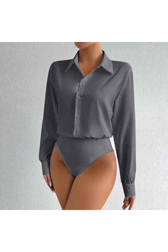 Women Button Down Bodysuit Long Sleeve Collared V Neck Shirt Office Work Body Suit Tops Business Casual Blouse S-2XL