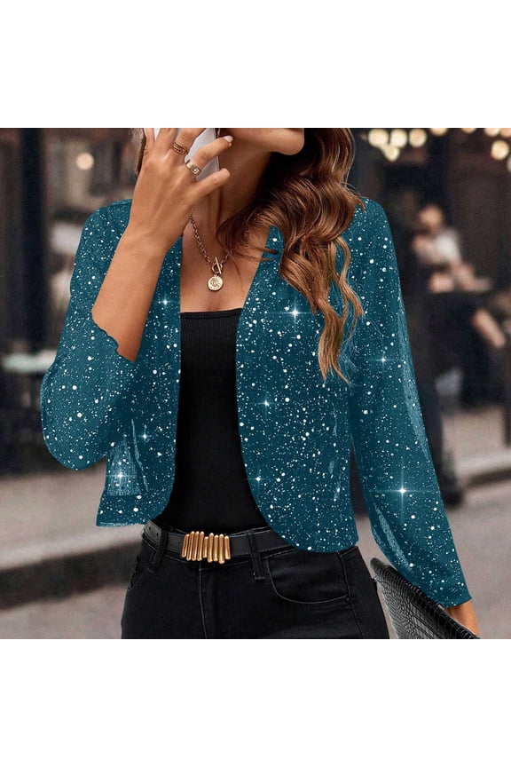 Women Casual Open Front Sequin Jackets Cardigan Glitter Long Sleeve Fall Coats Lightweight Cropped Blazer Casual Outerwear