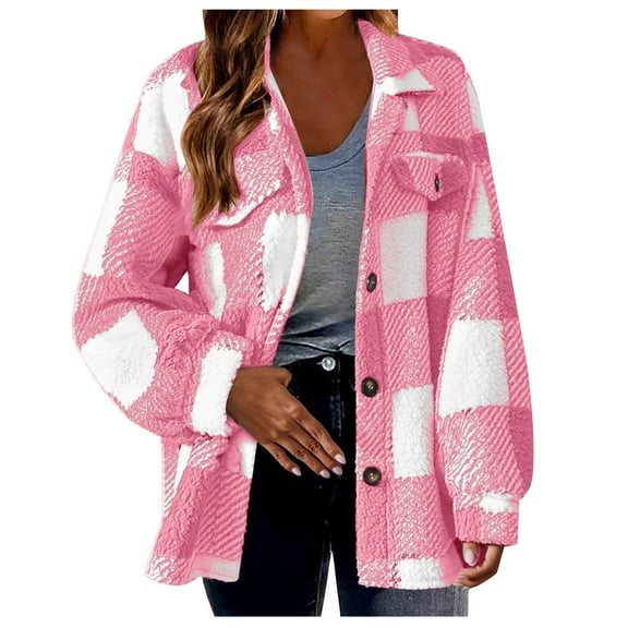 UQJfacai Women Flannel Jacket Plaid Button Down Long Sleeve Fleece Lined Shacket Plus Size Fall Winter Casual Outerwear Coats