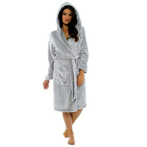 UQJfacai Women Fleece Hooded Robe Short Cozy Plush Bathrobe Plus Size Soft Warm Winter Long Sleeve Spa Robes with Pockets S-5XL