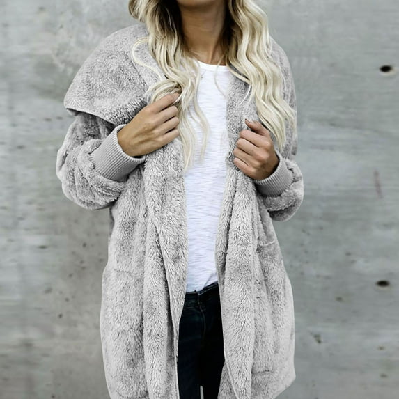 UQJfacai Women Hooded Cardigan Long Fuzzy Sherpa Fleece Jacket Fall Winter Oversized Casual Open Front Coat Outerwear with Pockets