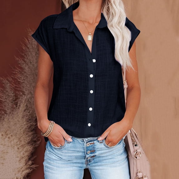UQJfacai Women Linen Shirts Button Down Cotton Short Sleeve Blouses Spring Summer Loose V Neck Collared Button-up Gauze Tops S-3XL