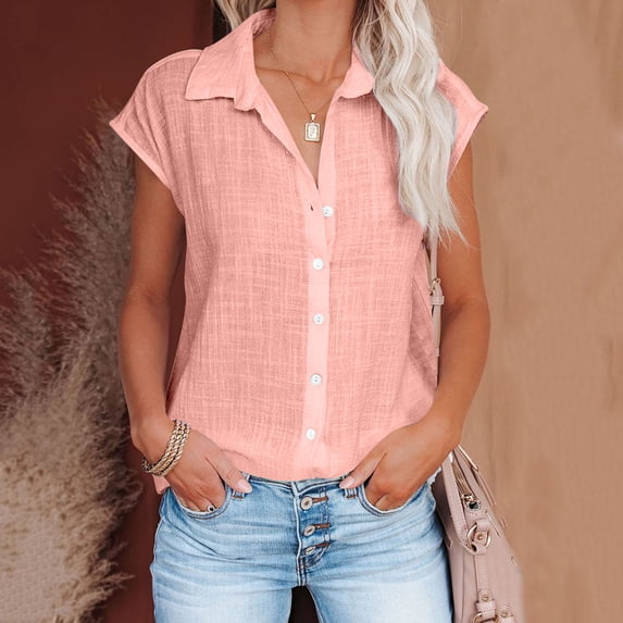 UQJfacai Women Linen Shirts Button Down Cotton Short Sleeve Blouses Spring Summer Loose V Neck Collared Button-up Gauze Tops S-3XL