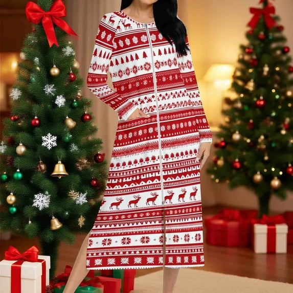 UQJfacai Women Long Nightgowns Plaid Zipper Front Robes Christmas Pajamas Soft Loose Long Sleeve Full Length Loungewear Sleepwear