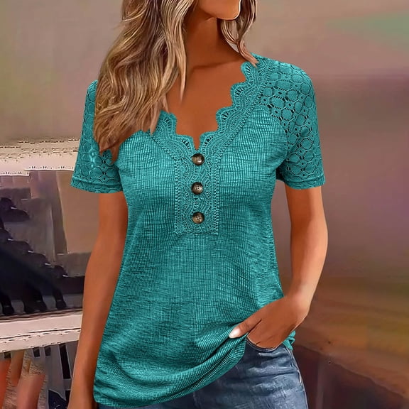 UQJfacai Womens Summer T-Shirt Trendy Short Sleeve Notched V Neck Shirts Soft Loose Solid Dressy Casual Tunic Tops S-2XL