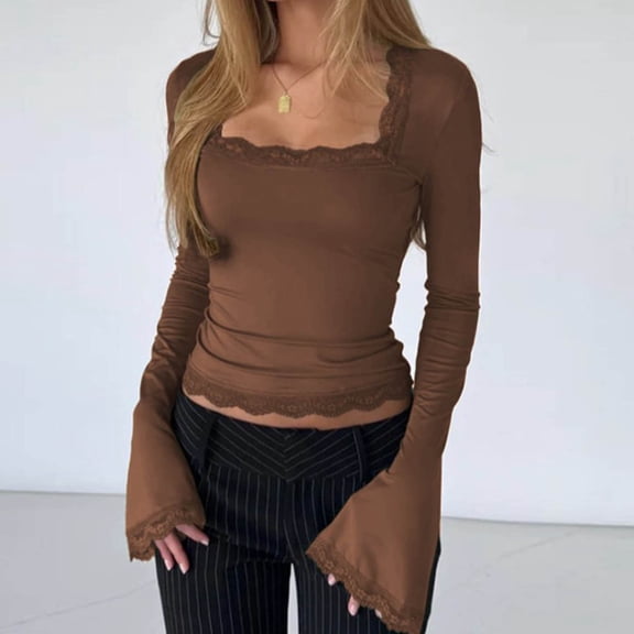 UQJfacai Women Y2K Lace Trim Crop Tops Square Neck Long Sleeve T-Shirts Strech Slim Fitted Basic Tee Going Out Outfits Clothes S-XL