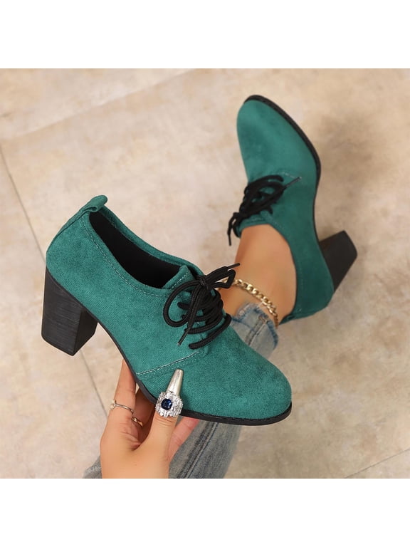 Women's Faux Suede Oxford Shoes Lace Up Chunky Block Heel Shoes Round Toe Dress Pump Shoes Green 9