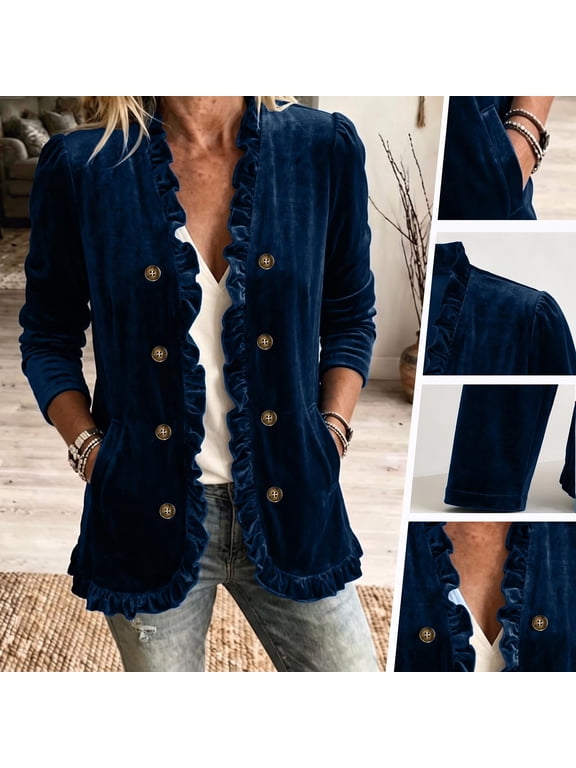 Women's Long Sleeve Velour Cardigan Ruffle Trim Velvet Open Front Jacket With Pocket Double Breasted Dressy Outwear