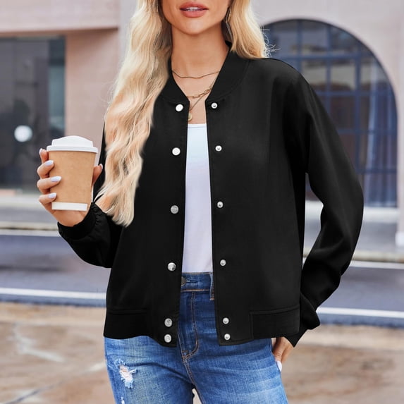 UQJfacai Womens Bomber Jacket Fall Winter Fashion Button Down Fleece Coat Stand Collar Long Sleeve Casual Outerwear Windbreaker