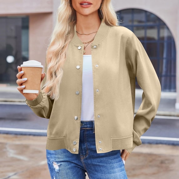 UQJfacai Womens Bomber Jacket Fall Winter Fashion Button Down Fleece Coat Stand Collar Long Sleeve Casual Outerwear Windbreaker