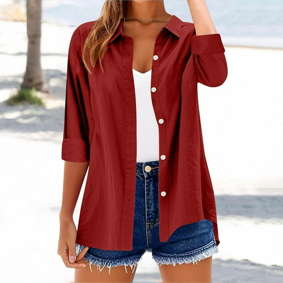 UQJfacai Womens Button Down Shirt 3/4 Sleeve Collared Tops Textured Rolled Up Short Sleeves Work Office Casual Blouse S-2XL