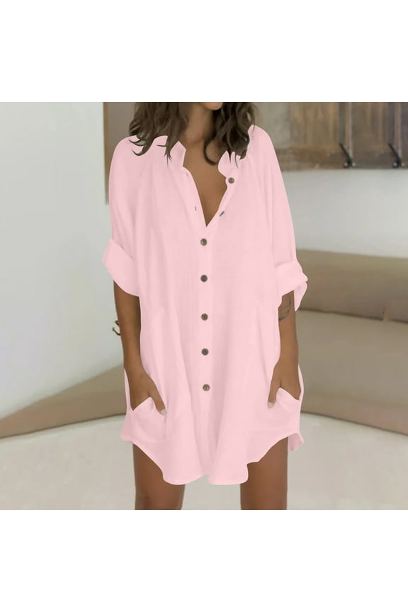 Womens Button Down Shirts Cotton Linen Long Sleeve Blouse Tunic Tops Cover Up Shirt Loose Beach Bikini Dress S-2XL