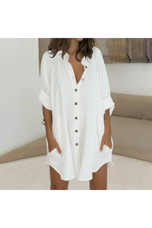 Womens Button Down Shirts Cotton Linen Long Sleeve Blouse Tunic Tops Cover Up Shirt Loose Beach Bikini Dress S-2XL