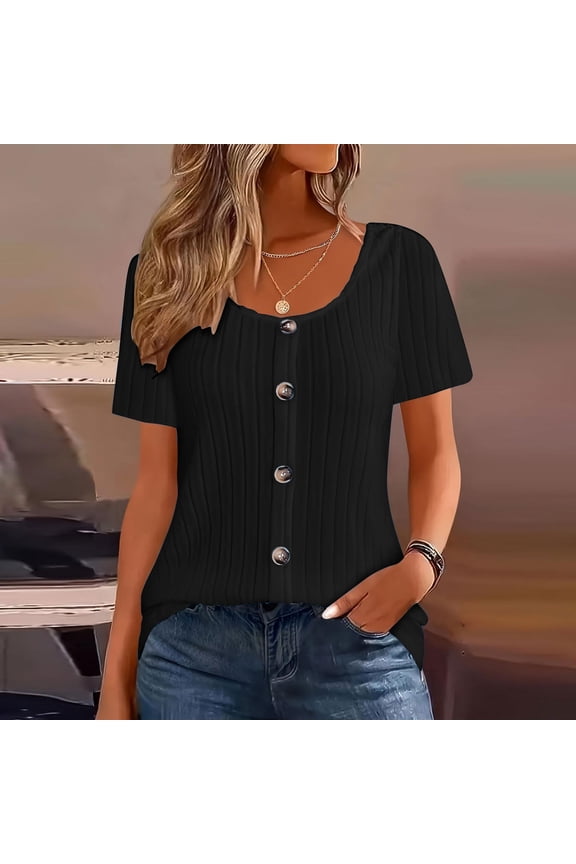 Womens Button Down Shirts Plus Size Ribbed Knit Short Sleeve Tunic Tops Summer Casual Crewneck Flowy Blouses S-5XL