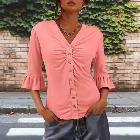 UQJfacai Womens Button Down Shirts Spring Summer Half Bell Sleeve Tops Pleated Casual Slim Fitted Tunic Blouses S-2XL