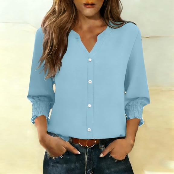 UQJfacai Womens Button Down T Shirts Dressy Casual 3/4 Sleeve V Neck Tops Smocked Cuff Casual Summer Ladies Tee Blouse S-2XL