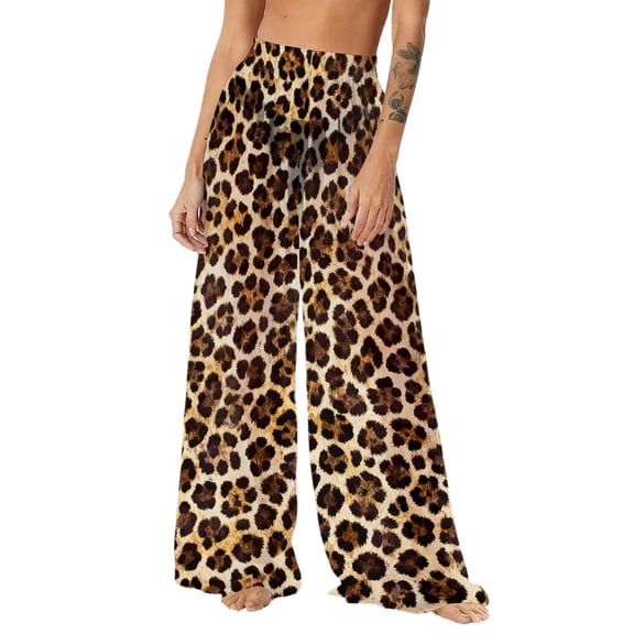 UQJfacai Womens Chiffon Beach Pants Boho Flowy Wide Leg Palazzo Pants Sheer See Through Cover Up Leopard High Waist Trouser S-2XL