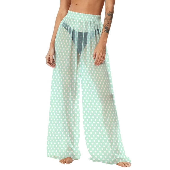 UQJfacai Womens Chiffon Beach Pants Boho Flowy Wide Leg Palazzo Pants Sheer See Through Cover Up Polka Dot High Waist Trouser S-2XL