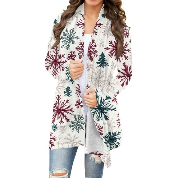 UQJfacai Womens Christmas Cardigans Knit Fall Sweaters Oversized Open Front Coats Snowflake Graphic Long Sleeve Shirts Outwear Tops